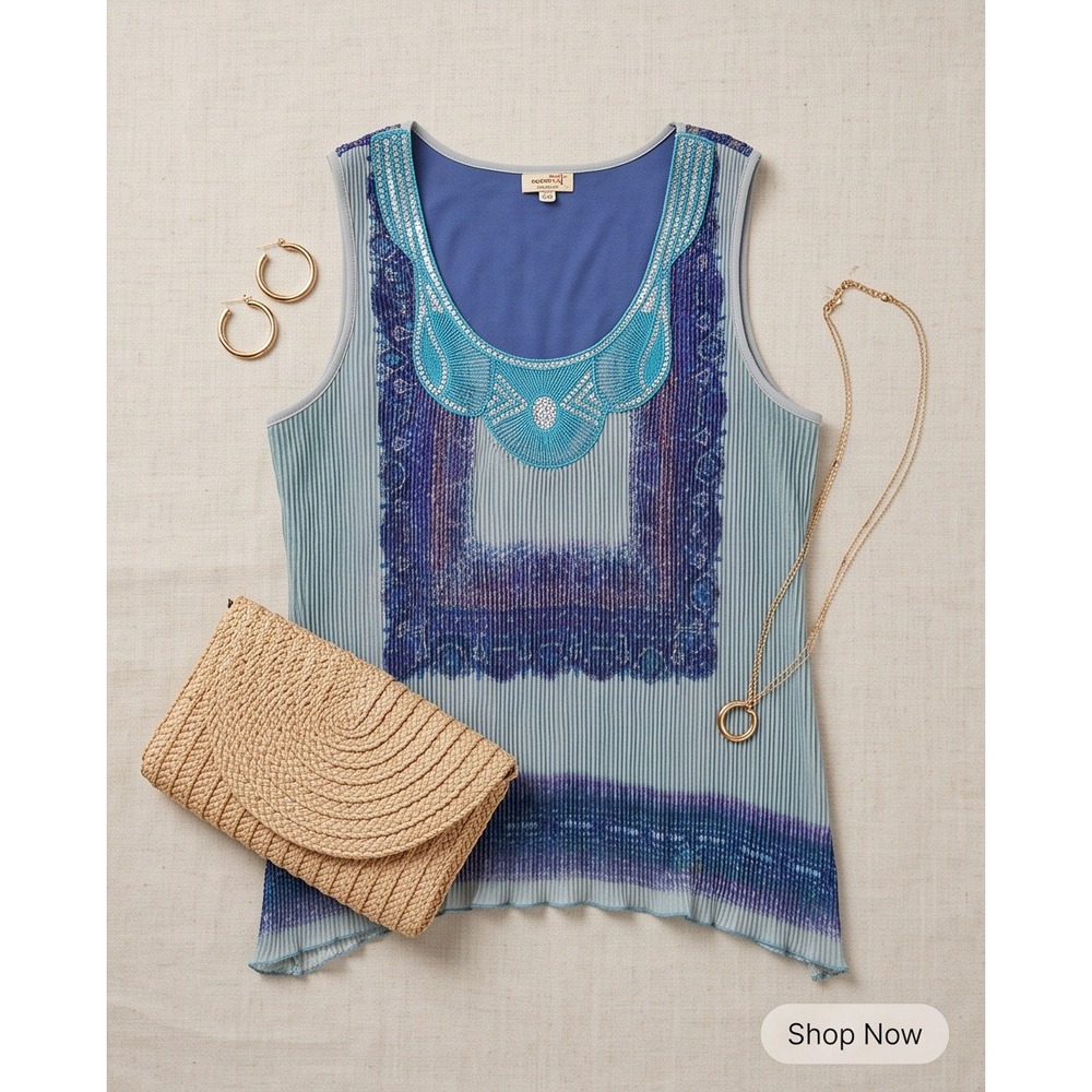 One World 2X Sleeveless Pleated Beaded Tank Top Blue Purple Boho Bling - Picture 10 of 10